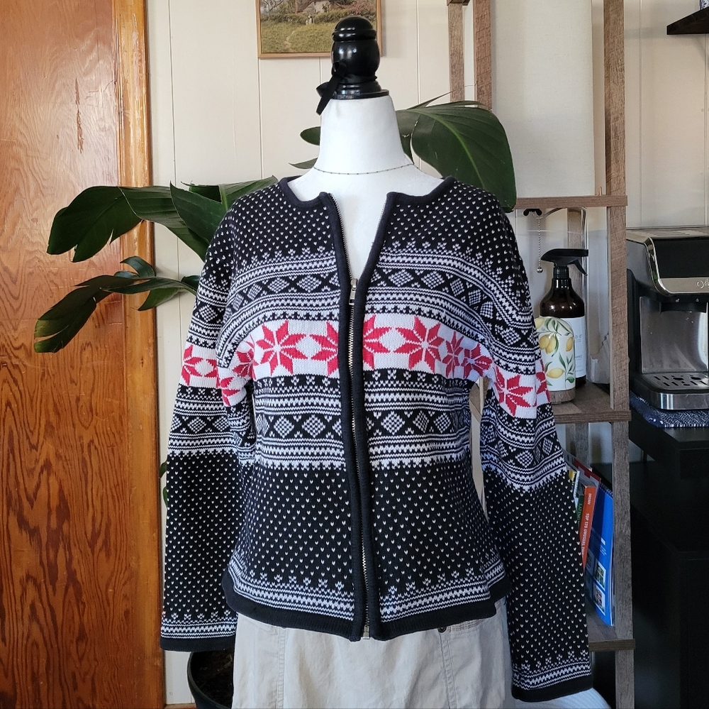 Women's Black and White Nordic Zip Cardigan Sweater with Pink Accents